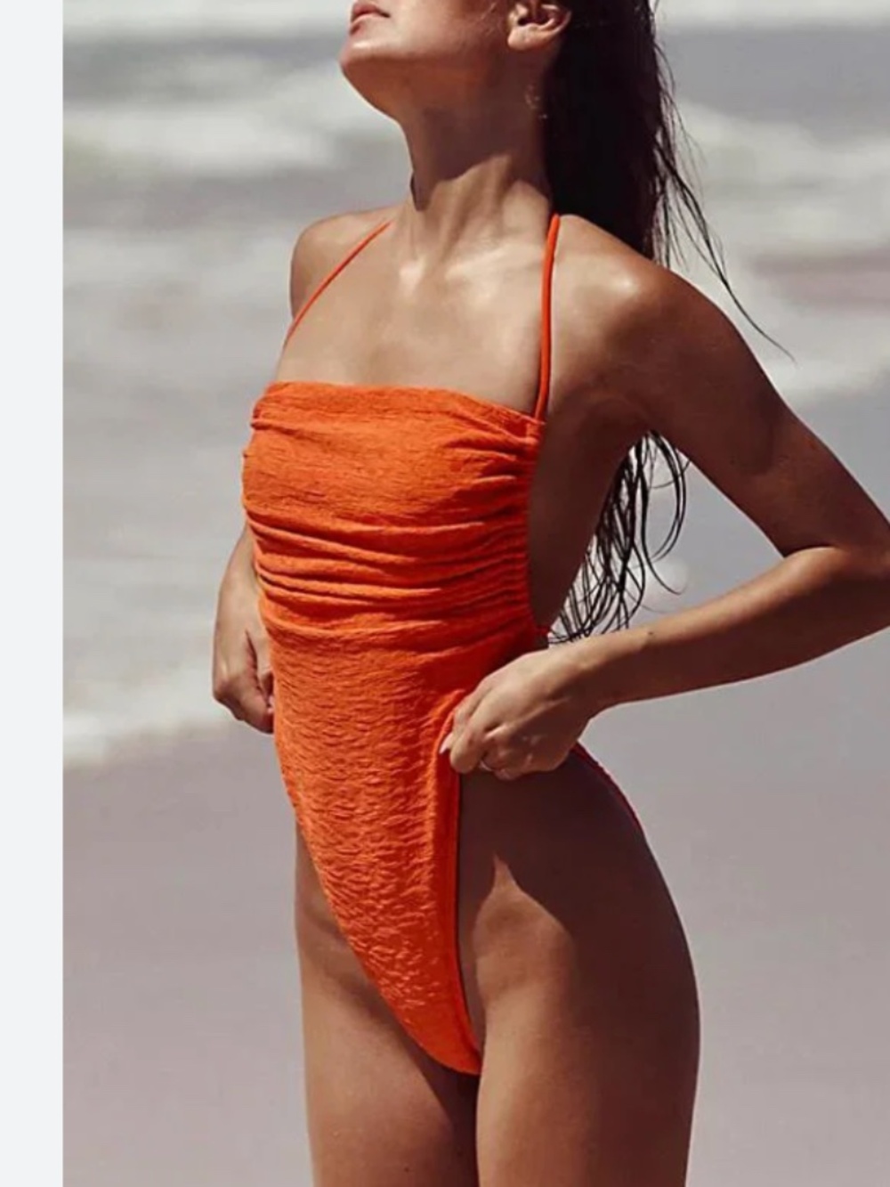 Free People Bright Orange Textured Halter One-Piece Swimsuit
